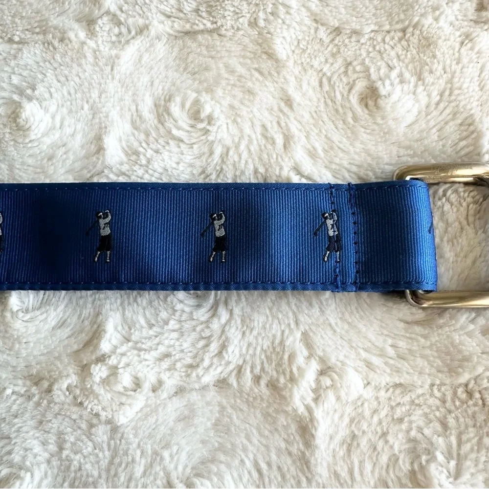 Bobby Jones Belt Mens 34 Blue Golfer Motif D-Ring Adjustable Preppy Fabric NWT